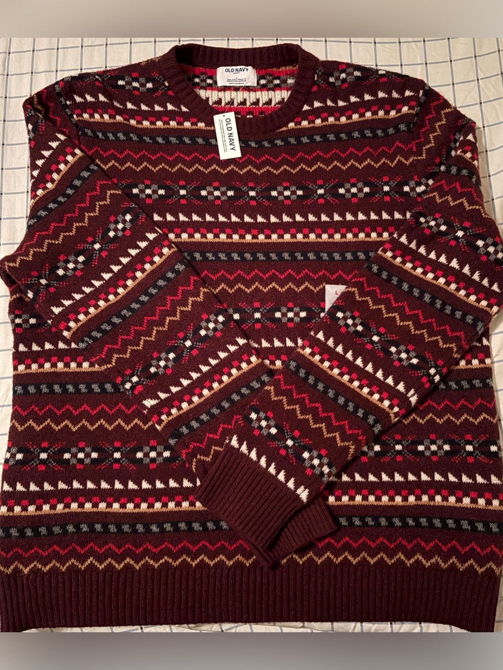 Old Navy Men's Maroon Fair Isle Crewneck Sweater with Multi-Color Pattern